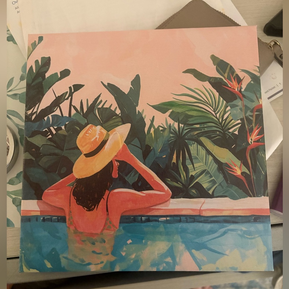 Poolside Tropical Wall Art - Woman in Straw Hat